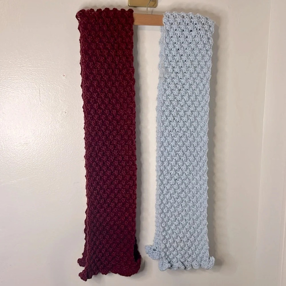 Pair Handmade Knit Wool Blend Vintage Blue & Burgundy Popcorn Rectangle Scarves - Picture 5 of 5